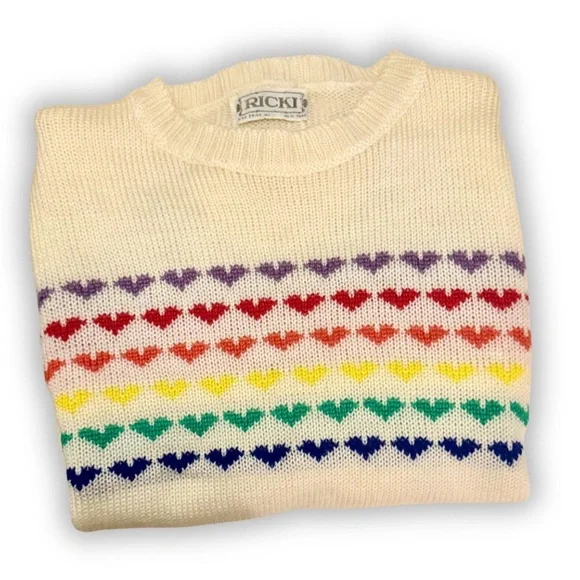 Vintage Cream Knit Sweater, Multicolor Heart Pattern, Sm, 80s Fall - Picture 9 of 9